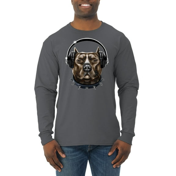 Bull Dog, Spiked Collar, and Headphones Animal Lover Mens Long Sleeve Shirt