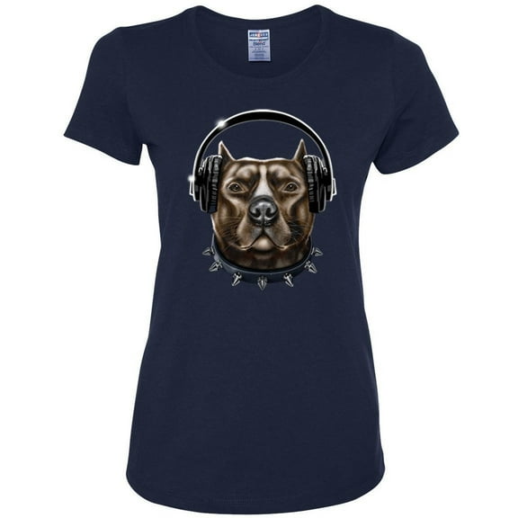 Bull Dog, Spiked Collar, and Headphones Animal Lover Womens Graphic T-Shirt