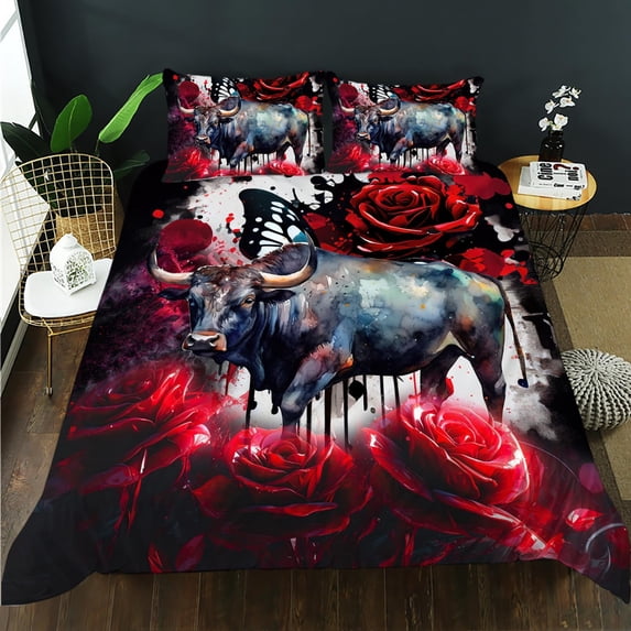 Bull Duvet Cover Set, 3D Oil Red Rose Bedding Set,Wild Animal Fitted Comforter Cover for Kids Teens,Ink Bull Pattern Duvet Cover,1 Quilt Cover and 2 Pillowcases,3 PCS