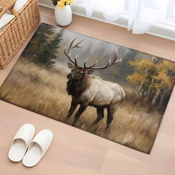 Bull Elk 2'x3' Rug for Entryway Front Door Kitchen Sink Area, Foggy Gray Wild Animal Pine Forest Landscape Farmhouse Low Pile Washable Non Slip Rectangle Area Rug