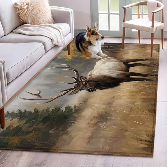Bull Elk 4'x6' Area Rugs Foggy Gray Wild Animal Pine Forest Landscape ...