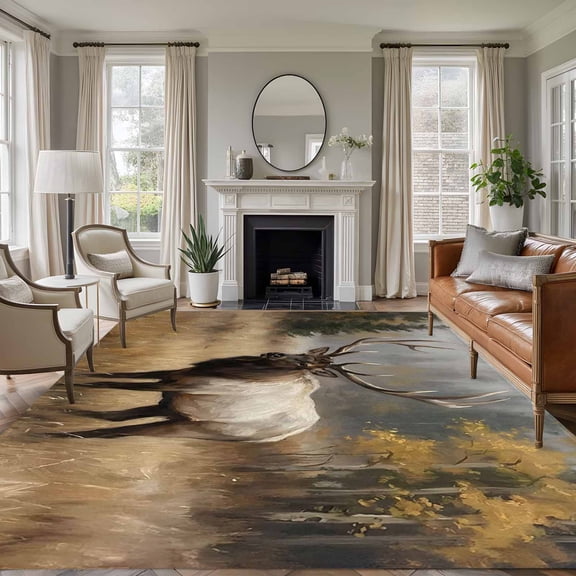 Bull Elk 8'x10' Large Area Rug for Living Room Sectional Sofa, Foggy Gray Wild Animal Pine Forest Landscape Farmhouse Washable Non Slip Low Pile Rectangle Area Rug