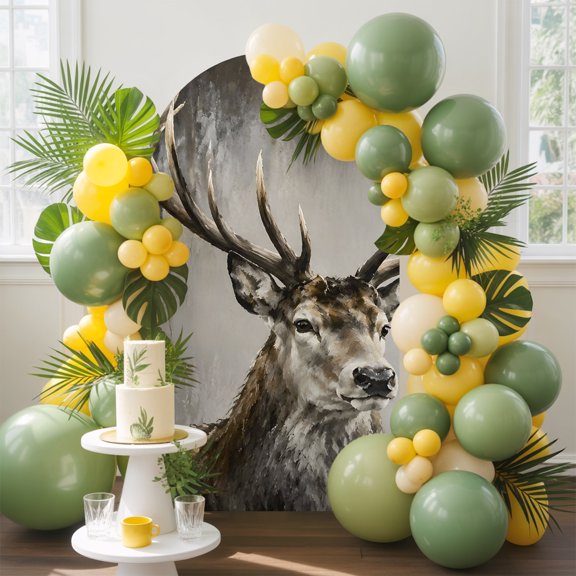 Bull Elk Arch Backdrop Cover, 4FT, Winter Wildlife Majestic Misty Forest Vintage Spandex Arch Covers Double-Sided Backdrop for Wedding Birthday Party Photo Background Decoration