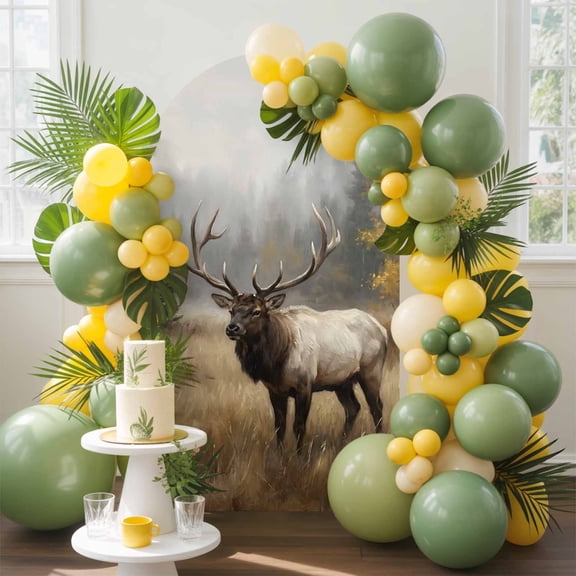 Bull Elk Arch Backdrop Cover, 5FT, Foggy Gray Wild Animal Pine Forest Landscape Farmhouse Spandex Arch Covers Double-Sided Backdrop for Wedding Birthday Party Photo Background Decoration