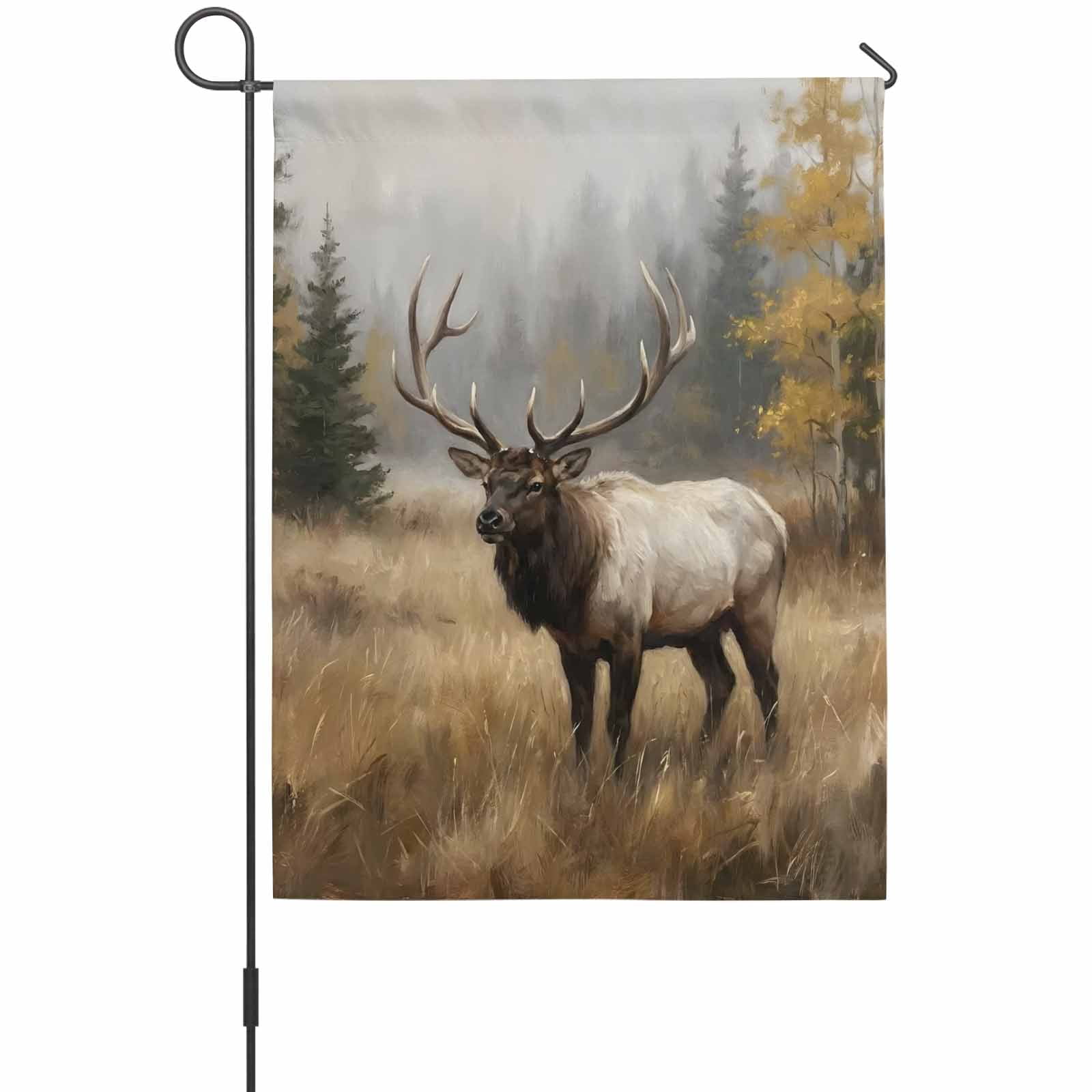 Bull Elk House Flag 28 x 40 Inches, Foggy Gray Wild Animal Pine Forest Landscape Farmhouse Weather Proof Outdoor Patio Flags Double Sided Small House Decoration for Yard Lawn Outside Home