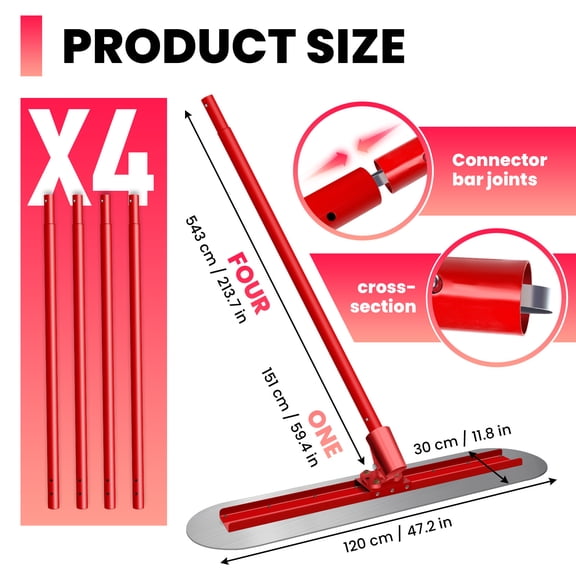 Bull Float Red Stainless Steel Concrete Bull Float Kit with 4 Extendable 59.4in Handles Angle Adjustable Bracket, Concrete Float Tool for Road Patio Slab Pool Surface Construction Finishing Leveling