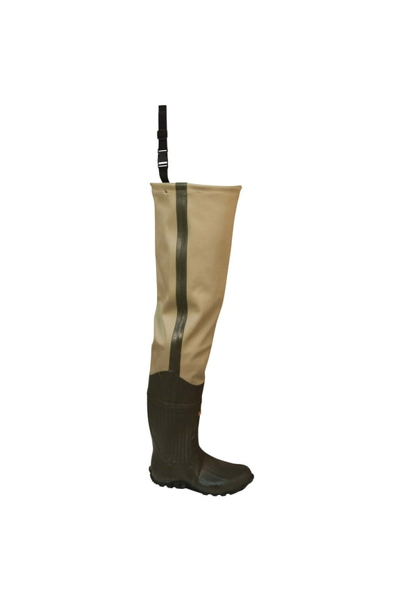 Bull Frogg Bootfoot Hip Waders for Men, 3-Ply Canvas Hip Boot with Steel Shank, Cleated, Khaki, Size 10