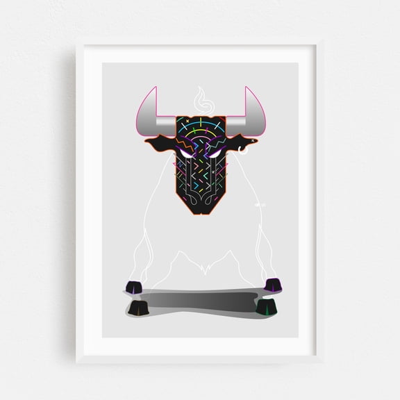Bull with Geometric Pattern - Digital Art Abstract Modern Art Geometric Psychedelic Animal Minimalist Neon Sign White Framed Wall Art Print 6 x 8 inches