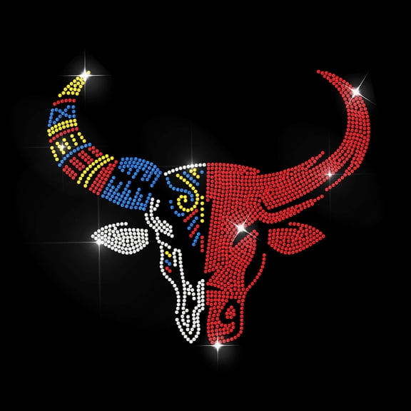 Bull Head Bone Rhinestone Iron on Decal Ox Horn Animals Hotfix Transfer Sticker Heat Transfer Patch Shining Clothing Repair Applique