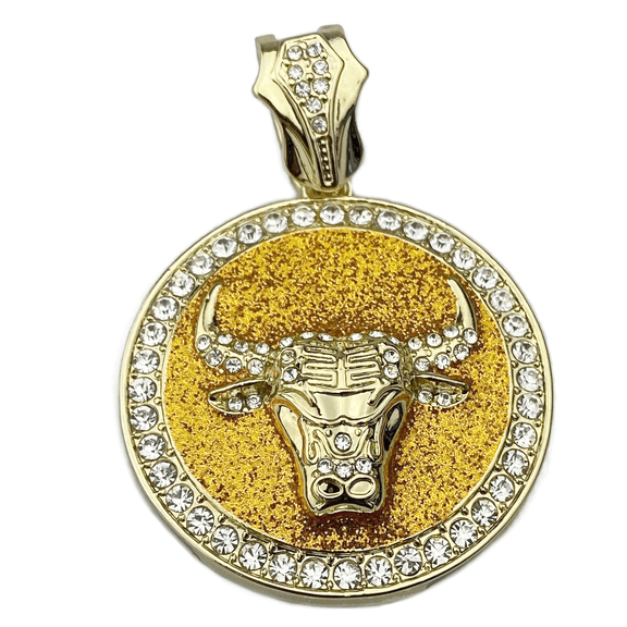 Bull Head Coin Hip Hop Pendant Iced 48MM Round Gold Finish w/ Gold Glitter