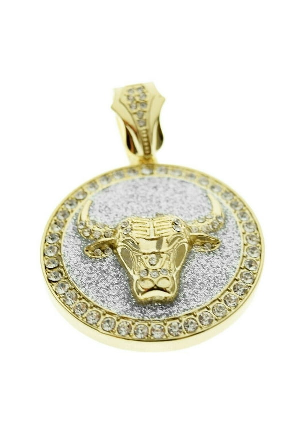 Bull Head Coin Hip Hop Pendant Iced 48MM Round Gold Finish w/ Silver Glitter