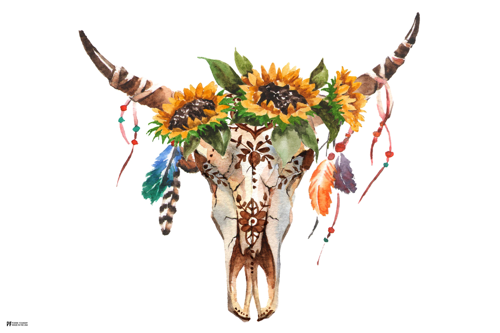 Bull Head Skull Horns Flowers Feathers Steer Cow Animal Watercolor ...