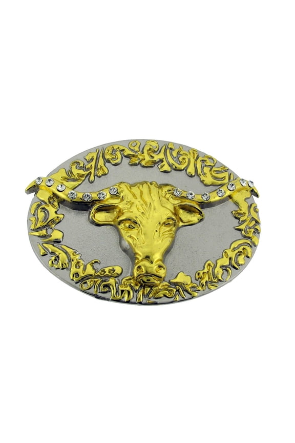 Bull Longhorn Buffalo Belt Buckle Western Rodeo Gold Metal Horn Rhinestones