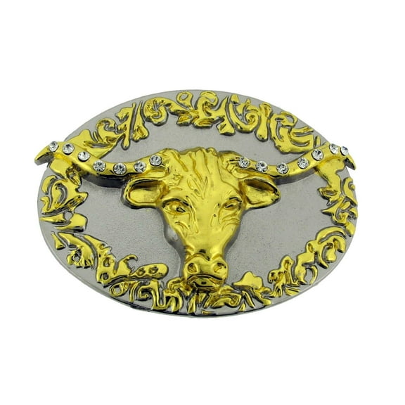 Bull Longhorn Buffalo Belt Buckle Western Rodeo Gold Metal Horn Rhinestones
