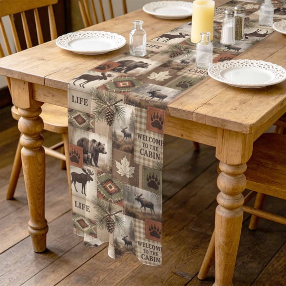 Bull Moose Black Bear 4.5ft Cheesecloth Table Runner for Wedding 19"x55", Rustic Farmhouse Vintage Pine Cones Wildlife Kitchen Dinner Sheer Tulle Chiffon Dresser Scarf, Holiday Party Decorations