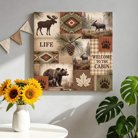 Bull Moose Black Bear Canvas Wall Art, Rustic Farmhouse Vintage Pine Cones Wildlife Framed Canvas Wall Decor Picture Print Artwork Decorations for Living Room Office Ready to Hang 8" x 8"