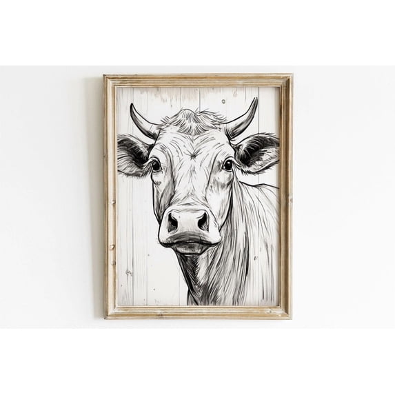 Bull Portrait Cow Art One Line Drawing Rustic Farmhouse Country Home ...