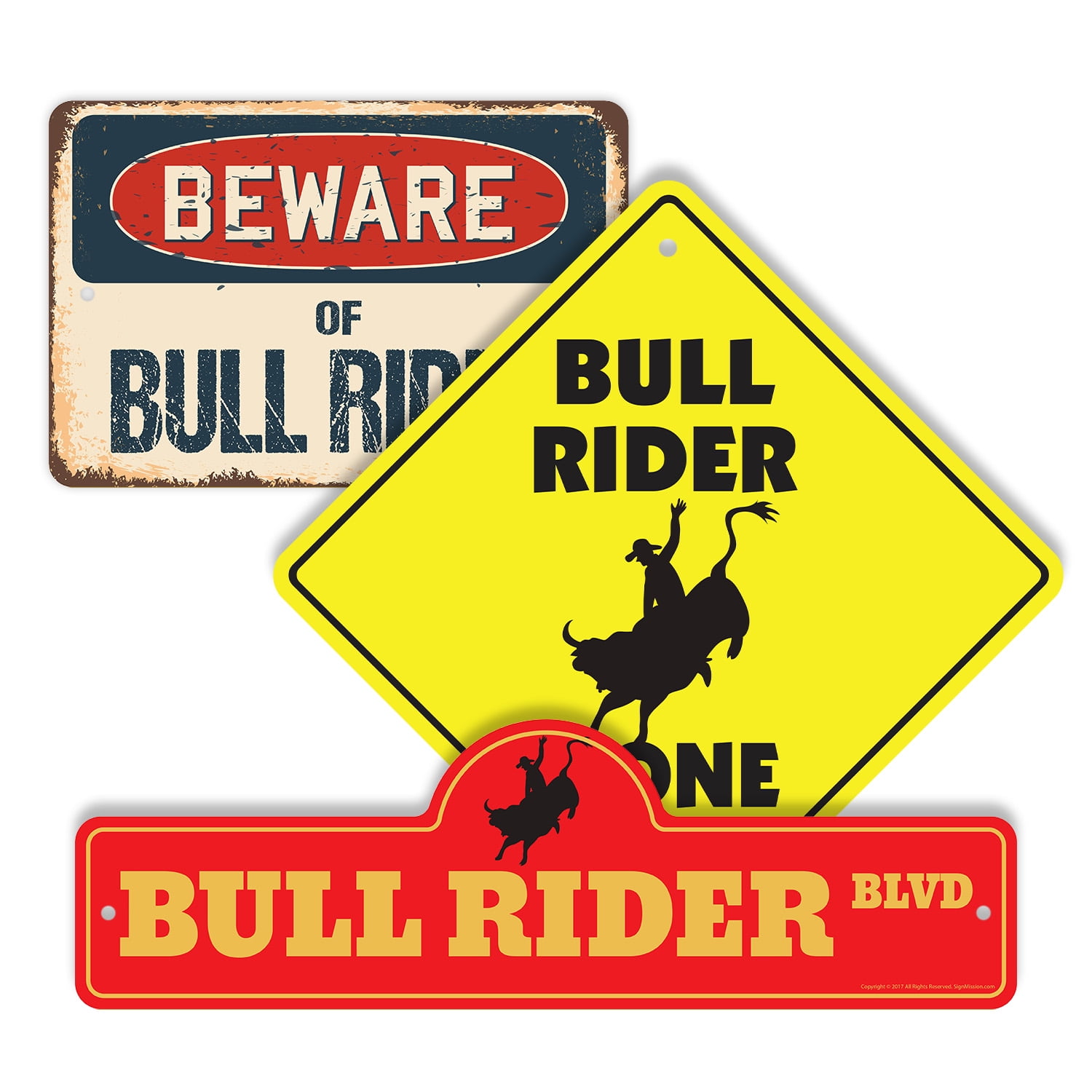 Bull Rider (3 Pack) Large Plastic Street Sign Crossing Sign Warning ...