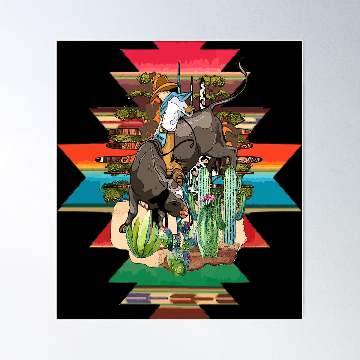 Bull Rider With Aztec Design Poster, 24x36 UNFRAMED - Walmart.com