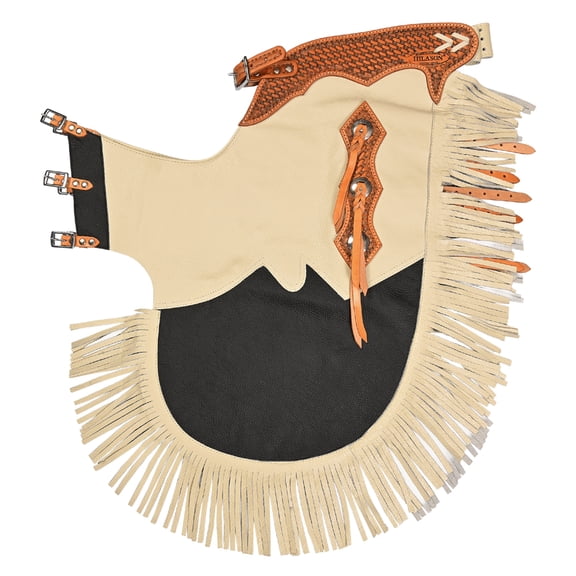 Hilason Bull Riding Chinks Chaps Pro Rodeo Western Smooth Leather Black & White