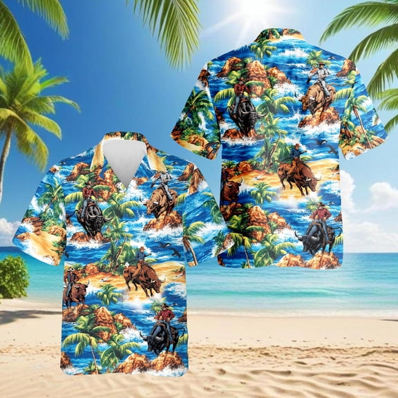 Bull Riding On Beach Hawaiian Shirt for Men, Tropical Style, Button Down Summer Beach Short Sleeve, S-5XL