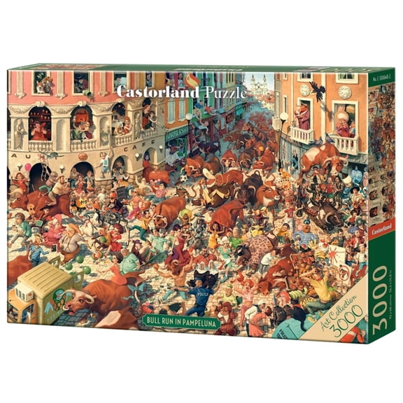 3000 Piece Jigsaw Puzzle, Bull Run in Pampeluna, Art Collection, Busy City Street Cartoon Scene, High Detail Seek and Find, Adult Puzzle, Castorland C-300648-2
