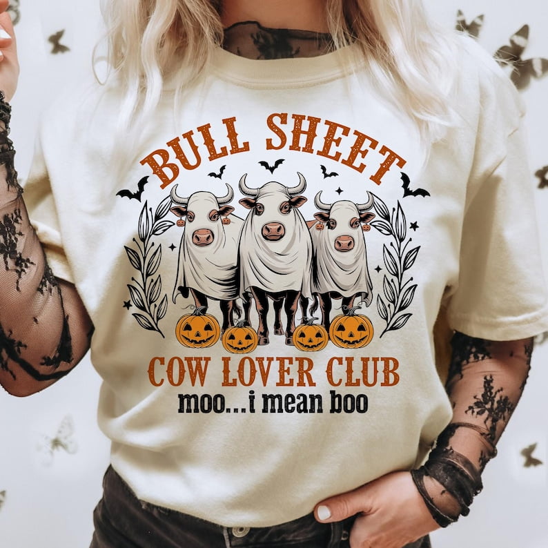 Bull Sheet Shirt Funny Halloween Cow Tee with Ghost Cows Spooky Bull Sheet Shirt Funny Halloween Cow Tee with Ghost Cows Spooky