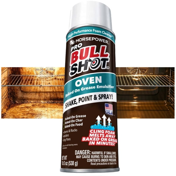Horsepower Pro Bull Shot Oven Cleaner Spray, Cling Foam Melts Baked-On Grease, Char & Food in Minutes, For Ovens, Racks, Drip Pans & Broilers, Professional Strength, As Seen on TV, Made in USA