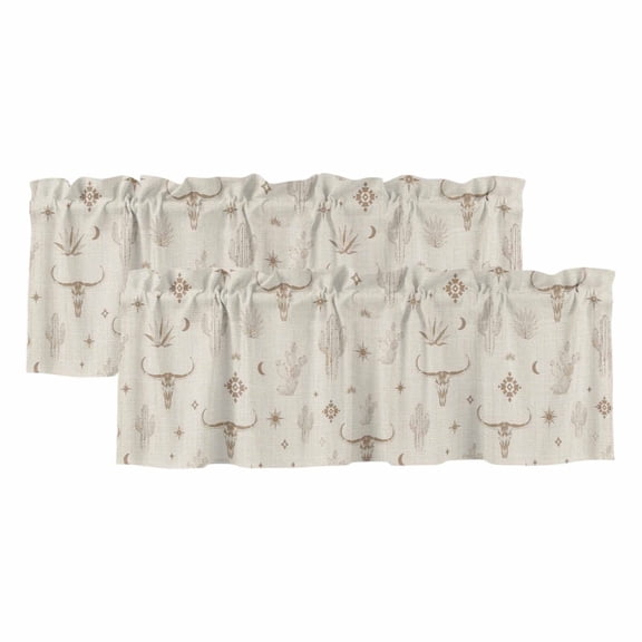 Bull Skull 2 Panels Kitchen Valance, Western Longhorn Cactus Crescent Moon Stars Linen Texture Curtains Valances for Small Windows Rod Pocket Window Treatments for Living Room Bedroom 60" W x 18" L