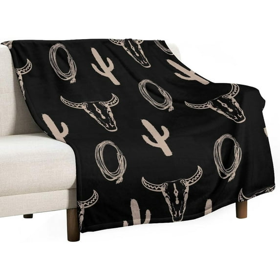 Bull Skull Blanket Vintage Western Cactus Longhorn Cow Skull Bohemian Black Soft Cozy Lightweight Throw Blanket for Children Boys Men Bedroom Living Room Dorm Chair Sofa Travel50x60in