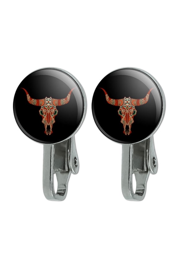 Bull Skull Day Of The Dead Novelty Clip-On Stud Earrings