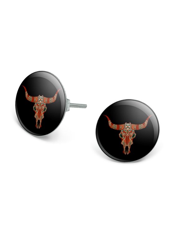 Bull Skull Day Of The Dead Novelty Silver Plated Stud Earrings