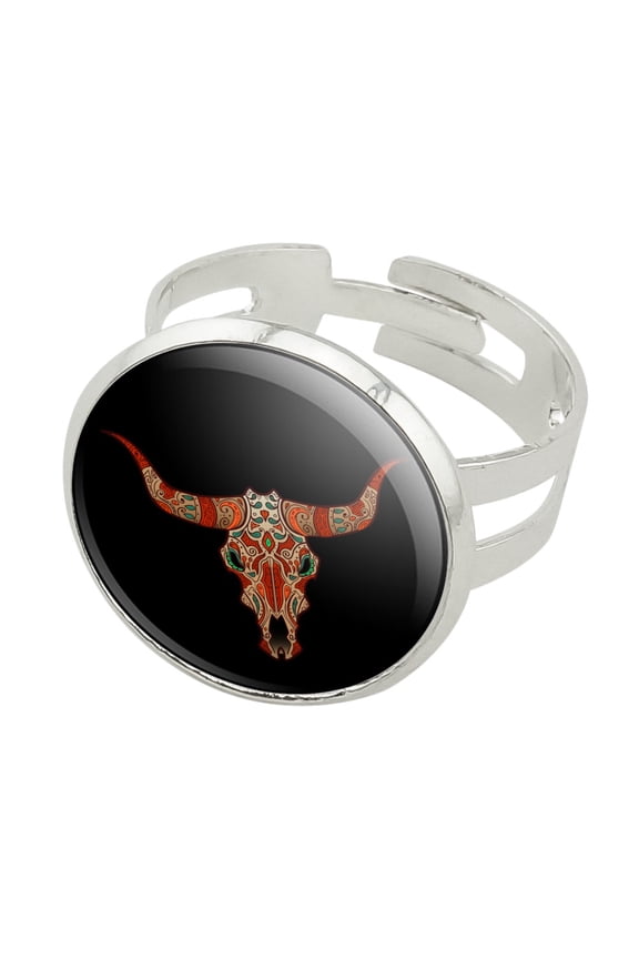 Bull Skull Day Of The Dead Silver Plated Adjustable Novelty Ring