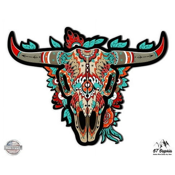 Bull Skull Ethnic - 3" Vinyl Sticker - For Car Laptop I-Pad Phone Helmet Hard Hat - Waterproof Decal
