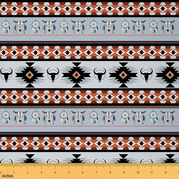 Bull Skull Fabric By The Yard,Bohemian Dreamcatcher Animals Upholstery Fabric,Boho Exochic Indoor Outdoor Fabric,Chic Victorian Baroque Decorative Fabric,Red White,3 Yards