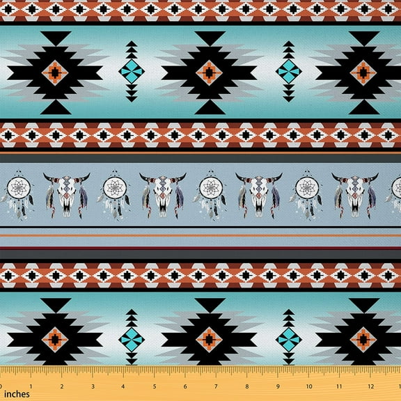 Bull Skull Fabric By The Yard,Dreamcatcher Boho Upholstery Fabric,Bohemian Animals Indoor Outdoor Fabric,Chic Exotic Baroque Decorative Fabric,Orange Blue,1 Yard