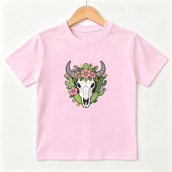 Bull Skull Floral Girls Graphic Tee, Retro Western Cactus Boho 100% Cotton Kids Short Sleeve T-Shirt