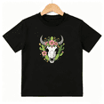 thumbnail image 1 of Bull Skull Floral Girls Graphic Tee, Retro Western Cactus Boho 100% Cotton Kids Short Sleeve T-Shirt, 1 of 5