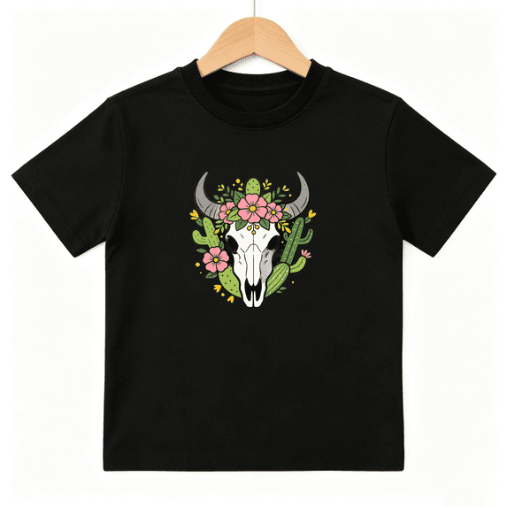 Bull Skull Floral Girls Graphic Tee, Retro Western Cactus Boho 100% Cotton Kids Short Sleeve T-Shirt