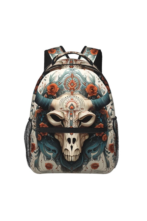 Bull Skull Horns Ethnic Vintage Art Backpack Casual College Bag Zipper Laptop Daypack Hiking Rucksack Travel