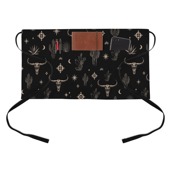 Bull Skull Kitchen Restaurant Half Waist Apron, Western Longhorn Cactus Crescent Moon Stars Black Server Short Apron with 3 Pockets Waterproof Oil Waist Aprons for Women Waitress Waiter