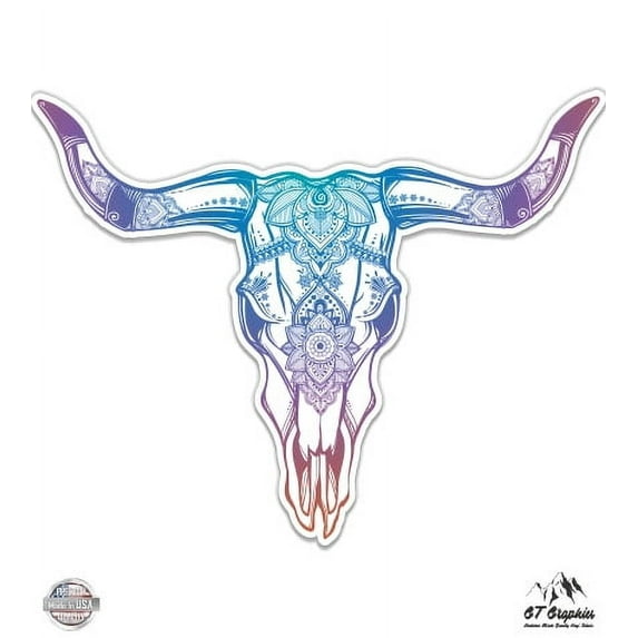 Bull Skull Mandala Colorful Boho Style - 3" Vinyl Sticker - For Car Laptop I-Pad Phone Helmet Hard Hat - Waterproof Decal