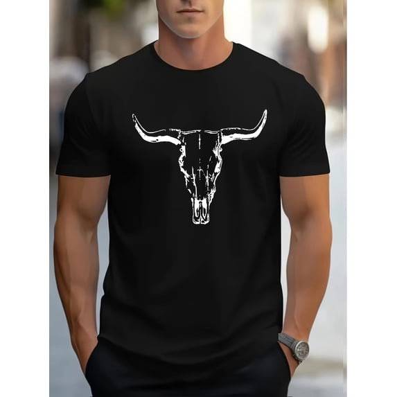 Bull Skull Print T Shirt, Tees For Men, Casual Short Sleeve T-shirt For ...