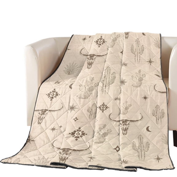 Bull Skull Quilted Comforters Cooling Blanket Oversized King Size, Western Brown Longhorn Cactus Crescent Moon Stars Ochre Cold Comfort for Hot Sleepers Lightweight Air Conditioning Quilt Blanket