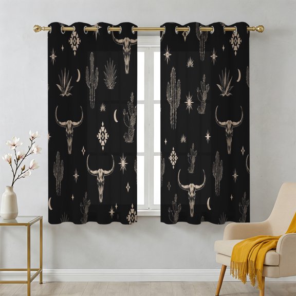 Bull Skull Sheer Curtains 39 Inch Long 2 Panels, Western Longhorn Cactus Crescent Moon Stars Black Light Filtering Semi Sheer Drapes Grommet Voile Window Curtain for Living Bedroom W27.9 x L39