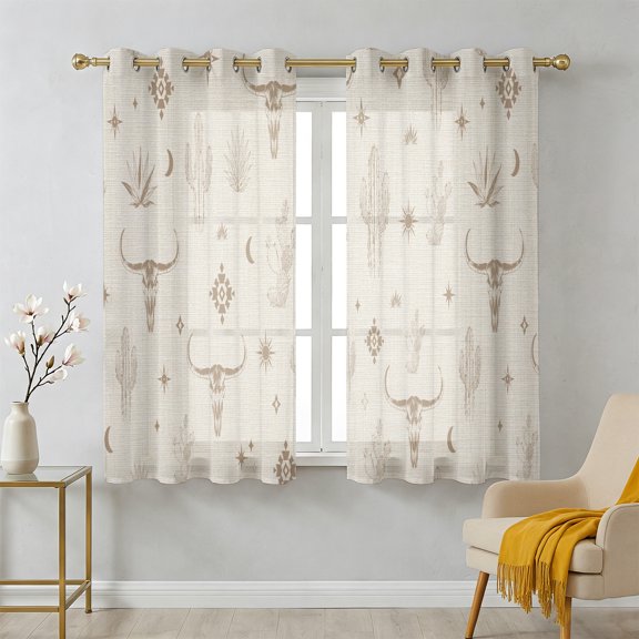 Bull Skull Sheer Curtains 39 Inch Long 2 Panels, Western Longhorn Cactus Crescent Moon Stars Linen Texture Light Filtering Semi Sheer Drapes Grommet Voile Window Curtain for Living Bedroom W27.9xL39