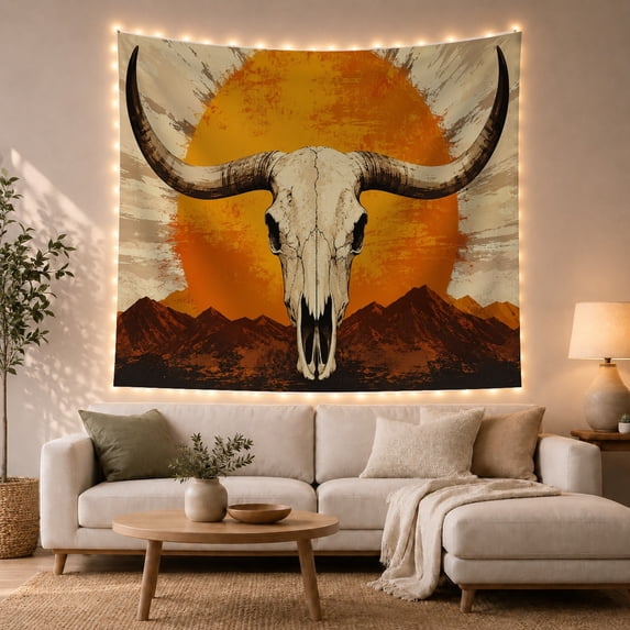 Bull Skull With Sun and Mountains, Nostalgic Rustic for Wildlife Lovers, Western Wall Art, Housewarming Gift Tapestry Wall Hanging for Living Room and Bedroom
