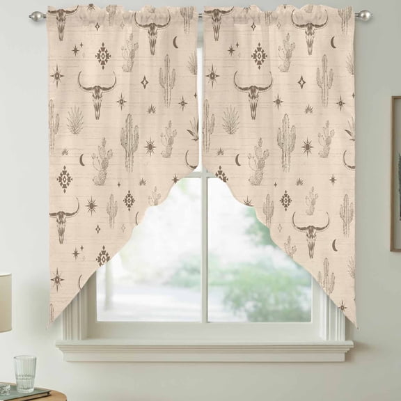 Bull Skull Swag Kitchen Curtain Valances, Western Brown Longhorn Cactus Crescent Moon Stars Ochre Rod Pocket Curtains Window Treatment Decor Valances for Bedroom Bathroom, 2 Panels 36 x 63 Inch