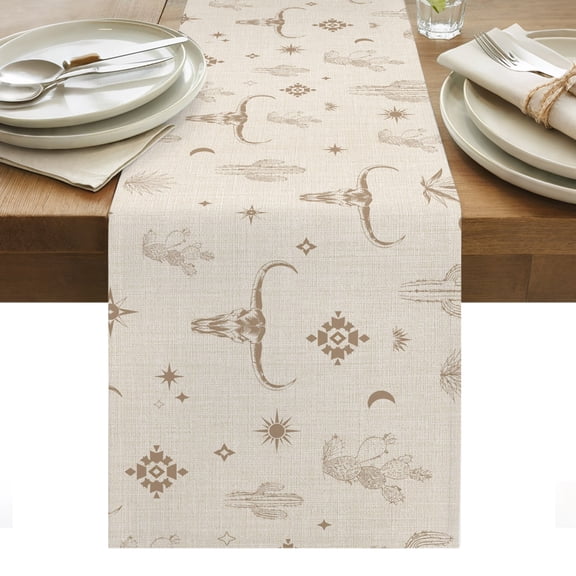 Bull Skull Table Runner, Western Longhorn Cactus Crescent Moon Stars Linen Texture Washable Kitchen Table Runners for Dining Table Decorations Party/Restaurant/Indoor Outdoor Use, 13x36in