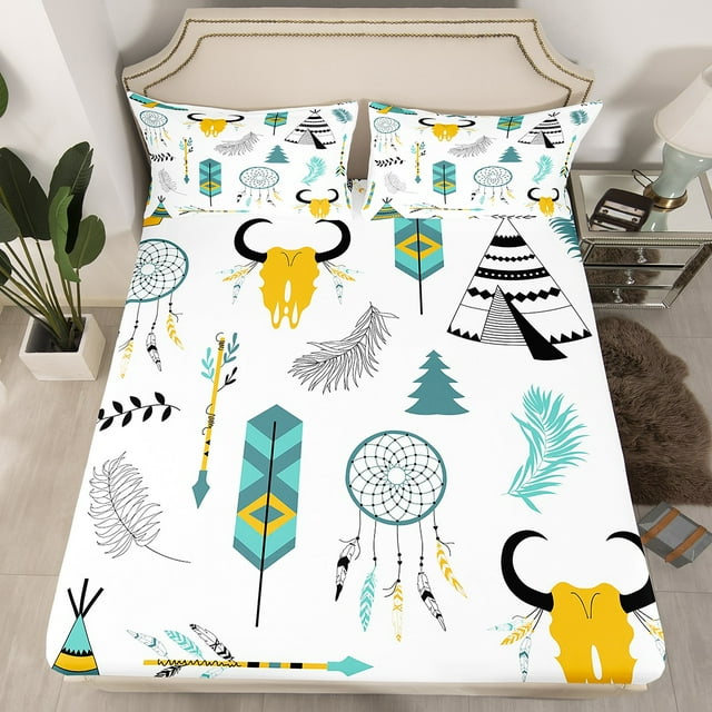 Bull Skull Western Bed Sheets Exotic Dream Catchers Bedding Set,Feather